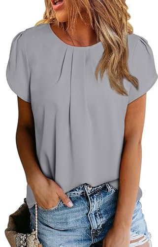 Dokotoo Damen Bluse Kurzarm Falten Tunika Elegant Chiffon Blusenshirt Sommer Rundhals Lose Oberteile Shirts Top, hellgrau, M