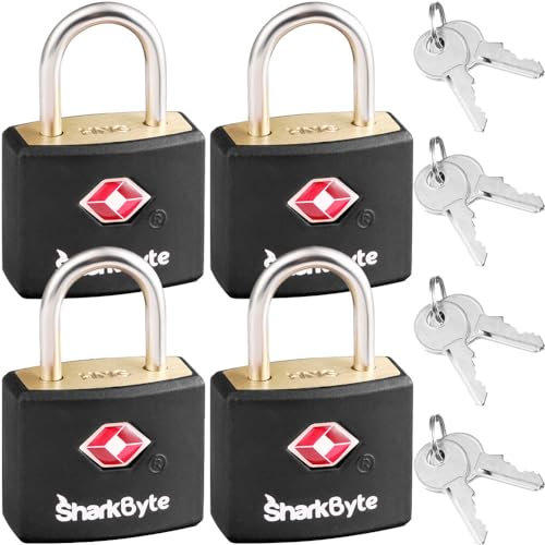 SharkByte Lot de 4, 8 clés approuvées par la TSA pour valises et sacs de voyage avec clés pour voyage, bagages, gym, sacs à dos et fermetures éclair – Cadenas à clés pour valises et sacs de voyage