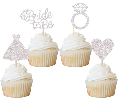 Xsstarmi 24 Packung Braut zu sein Cupcake Toppers Glitzer Diamant Ring Hochzeitskleid Bride to Be Cupcake Picks Dekoration Hochzeit Verlobung Brautparty Party Kuchendekoration Silber