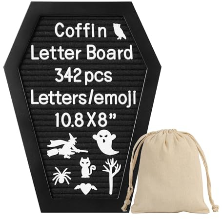 G GAMIT Coffin Felt Letter Board with 342 Changeable Letters&Numbers, 10.8”x8” Spooky Letterboard Gothic Message Board Letter Sign Board with Stand and Canvas bag for Halloween Party Christmas
