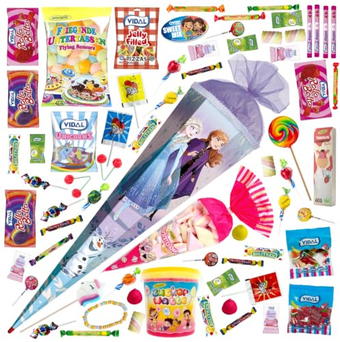 OYOY 85cm Schultüte gefüllt mit 1.387g Süßigkeiten Mix I 6-eckige ROTH Schultüte Anna und Elsa I Einschulung Geschenk I Schultüte fertig gefüllt I Schultüte groß Frozen Mädchen