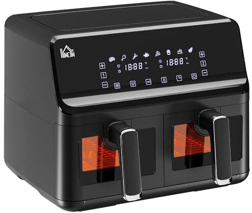 HOMCOM Friggitrice ad Aria con 2 Cestelli Indipendenti e 8 Menù, Friggitrice Senz'Olio in Acciaio e PP Temperatura e Timer Regolabile, 38.5x38x30.5 cm, Nero