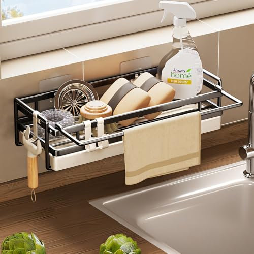 Spülbecken Organizer Küchen Organizer mit Spültuchhalter- Hängend, Schwarz Kohlenstoffstahl für Spüle, Abwasch, Spülmittel & Küchenutensilien - Spülablage & Küchenablage ohne Bohren, Sink Organizer