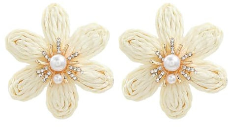 TOFBS Blumenförmige Raffia Ohrringe Stroh Perlen Kristall Schmuck Handgefertigt Damen Ohrschmuck Sommer Accessoires