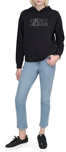 DKNY Women's Sweatshirt Warm Trendu Rhinestud Tops Funnel Neck Jacket, Black/Black, S