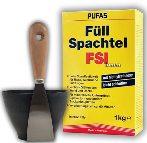 Füllspachtel PUFAS im SET mit Gipsbecher & Maler-Spachtel Füllen Ausbessern von Bohrlöcher Risse Schäden an Wand Decke Umzug Lochfüller renovieren Wandreparatur innen Putz Reparaturspachtel