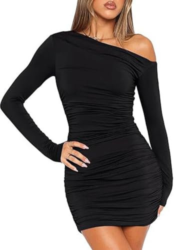 Women Sexy Mini Off Shoulder Dress Long Sleeve Bodycon Elegant Pleated Dress (UK, Alpha, L, Regular, Regular, Black)