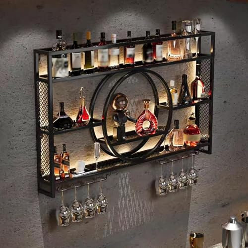 Wohnzimmer Bar，barschrank Vintage Retro Bar Regal Wand Gold Beleuchtung Hängend Flaschenregal Wandmontage Schmal Schnapsregal(Size:140 * 15 * 80cm,Color:Schwarz)