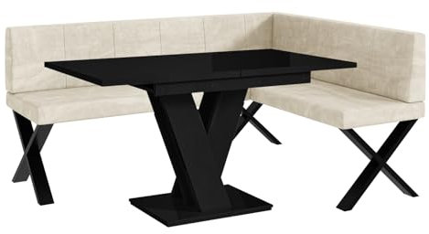 MEBLINI Eckbank für Esszimmer mit ausziehbarem Tisch - Küchenbank - Essecke - Sitzecke Küche - Peter - X-Beine 128x168x87cm Rechts - Creme Samt/M Schwarz Hochgl.
