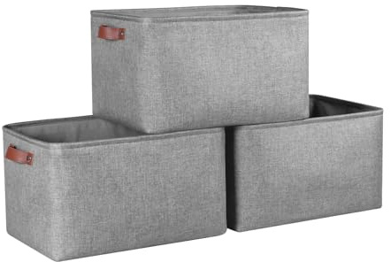 Syeeiex Large Storage Baskets for Shelves with Leather Handle, 3 Pack Fabric Stoarge baskets for Organizing Home, Toys, Office, Clothes ( Pure Grey)