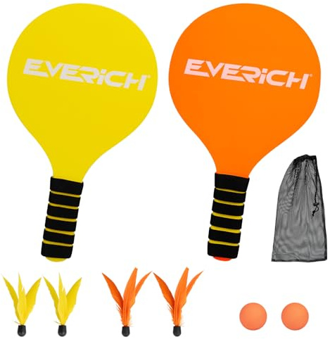 ROYUEXT 2 Beach Bat and Ball Set Wooden Paddle Ball (Yellow+Orange)