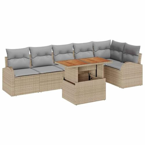 vidaXL Garten-Sofa-Set mit Speicher 7 pcs Beige Poly Rattan, Garten und Terrasse, Moderne Gartenmöbel, Modulares Sofa mit Stauraum, Außen Sitzplatz, Lounge Set, Alfresco