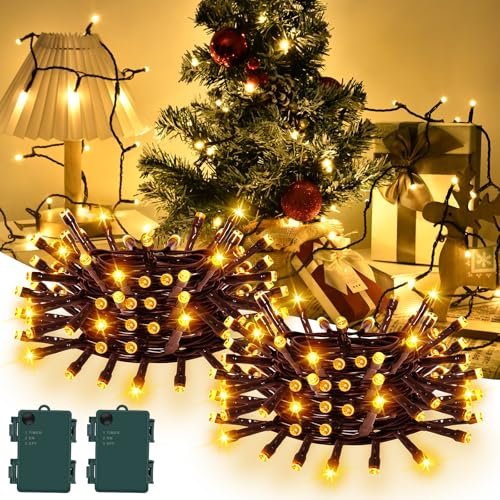 Gcstnn Catena luminosa a batteria, 10 m, 100 LED, luce bianca calda, IP65, impermeabile, filo verde, per albero di Natale, camera da letto, interni, esterni, decorazioni natalizie
