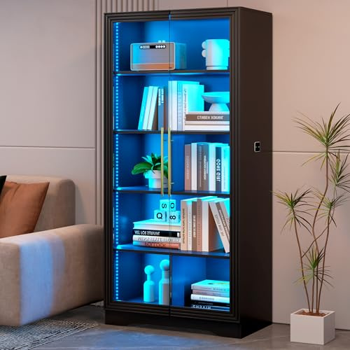 LVSOMT 5-Lagen Glasvitrine mit LED Beleuchtung und Bewegungssensor, Schwarz | Vitrinenschrank mit Glastüren, Verstellbares Regal, für Sammlerstücke, Figuren, Bücher & Spielzeug Wohnzimmer Schlafzimmer