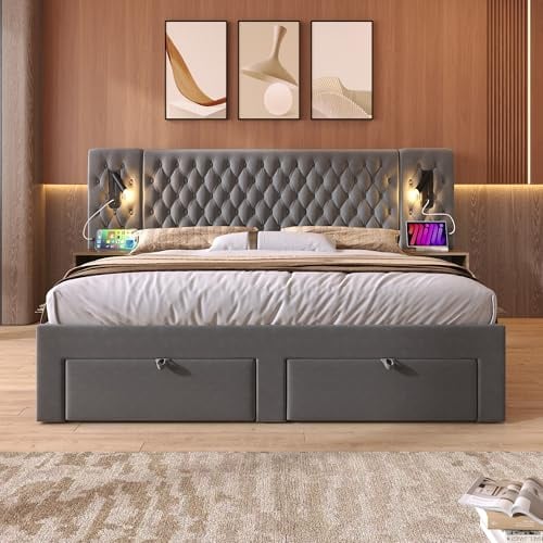 Easexcy Bettanlage Schlafzimmer Komplett Set, Polsterbett Doppelbett 160×200 cm mit 2 Nachttischen und 4 Schubladen, Grau, Samt (Ohne Matratze)