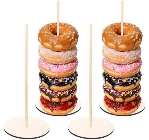 QUARKZMAN 4 Stück Holz Donut Ständer Runder Bagel Halter Ständer handhabbar | Donut Display, Party Brunch Deko Zubehör, Für Dessert Tisch Weihnachten Hochzeit Geburtstag, Natürlich