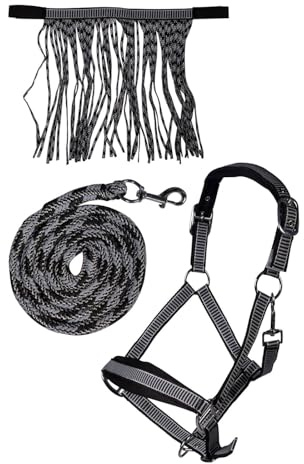 HKM Halfter-Set -Lilly- mit Karabiner & Fliegenfransen - incl. Führstrick (Schwarz, Full)