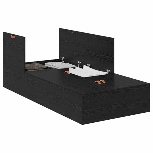 HETFTJN Schwarz Eichen-Optik Stauraumbett 90x200 cm massiv Kiefer Holzwerkstoff robust platzsparend