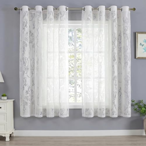 Gazal Vole Gardinen Vorhänge mit ösen Vintage Weiss Halbtransparente 2er Set H160 x B132 cm, Jacquard Voile Gardinen, Fensterschal Lichtdurchlässig für Wohnzimmer Schlafzimmer Modern