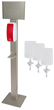 Blanc HYGIENIC Desinfektionsspender Cosmos – Spender mit Sensor und Standfuß, Spender stehend und 3X 1 Liter Desinfektionsmittel, Händedesinfektion für ca. 3.000 Anwendungen, Weiß und Rot
