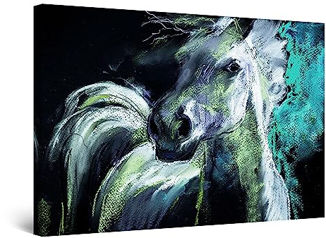 Startonight Bilder Weiße Aquamarine Pferd, Leinwandbilder Moderne Kunst, Tiere Wanddeko Kunstdrucke, Wandbilder Schlafzimmer 60 x 90 cm, Tag Nacht Effekt, Elegante Geschenkidee Wand Deko