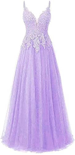 Vantexi Damen Spitze Abendkleider Für Hochzeit Elegant Brautkleid Spaghetti-Träger Ballkleider Flieder Größe 42