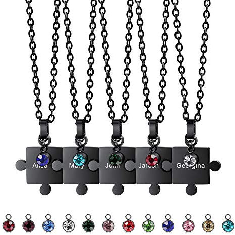 MeMeDIY Personalized Jigsaw Puzzle Pendant Necklace Engraving Name Date for Couples Women Men Customized Birthstone Stainless Steel Jewelry for Family Love Friendship (5 Pieces Black Color+Birthstone)