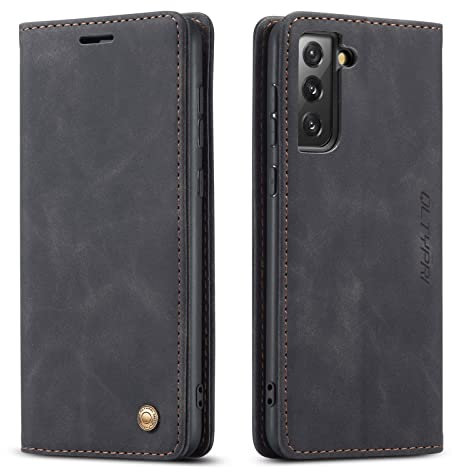 QLTYPRI Case for Samsung Galaxy S21 5G, Vintage PU Leather Wallet Case Card Slot Kickstand Magnetic Closure Shockproof Flip Folio Case Cover for Samsung Galaxy S21 5G - Black