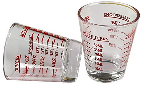 TIYOORTA Schnapsgläser, Messbecher, Espresso-Schnapsglas, schweres Glas, 2 Stück, 26 Stück, inkrementelle Messung 28 ml, 6 Teelöffel, 2 Esslöffel, 30 ml (2 Stück rot)