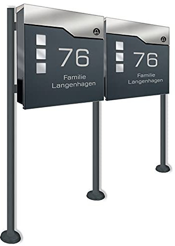 Doppel Standbriefkasten mit FUNKKLINGEL ANTHRAZIT - aus pulverbeschichtetem Stahl - mit Zeitungsrolle und Doppel Standfuß