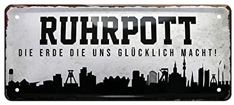 Ruhrpott die Erde die uns glücklich macht - Retro Deko Blechschild - Ruhrgebiet Pott Skyline - Dekoration Bude Trinkhalle Garage Partykeller Werkstatt - Geschenkidee Exil Ruhrpottler - 28x12cm