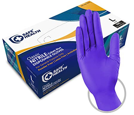 Safe Health Gants jetables en Nitrile Taille L grande Bleu Cobalt, Boîte de 100 gants, Sans poudre Sans latex Hypoallergéniques Hypoallergéniques, Bricolage Cuisine Nettoyage Vaisselle Labo, 3 Mil