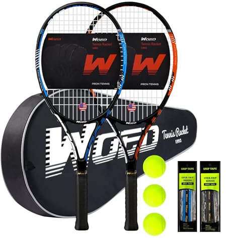 WOED Tennisschläger für Erwachsene, für 2 Spieler, perfekt für Anfänger und Profis, 68,6 cm (27 Zoll), inkl. 3 Tennisbälle, 2 Griffgriffe, Tennistasche, Vibrationsdämpfung, Abdeckung (blau-rot)