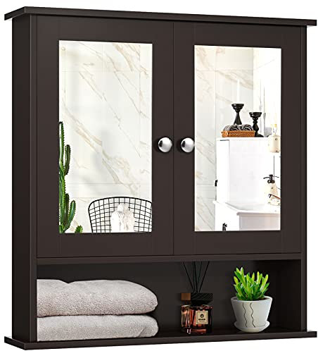 DREAMADE Spiegelschrank Holz, Badschrank Hängeschrank mit 3 Ablage und 2 Türen, Wandschrank Spiegel Weiß, Oberschrank Wandhängeschrank für Badezimmer Wohnzimmer (Braun)