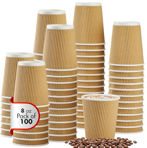 EPISENT 100 X 8oz Disposable Paper Cups | Insulated Ripple Wall Hot Drink Cups for Coffee, Tea, Cappuccino & Chocolate | Leak-Resistant, Recyclable Takeaway Cups for Home, Office & Events