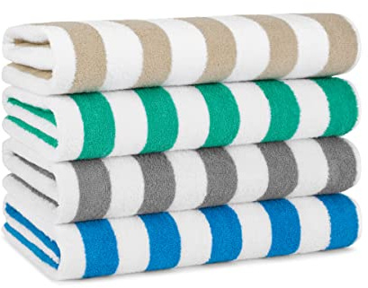 Arkwright California Cabana Stripe Beach Towel - Pack of 4, Large Soft Quick Dry 100% Cotton Terry Towels Set for Pool, Swim, and Hot Tub, Oversized 30 x 70 in, Multiple
