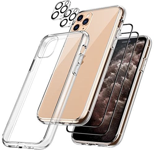JETech 5 in 1 Cover per iPhone 11 Pro 5,8 Pollici con 2 Pellicola Protettiva e Protezione Fotocamera, Custodia Anti Ingiallimento e Vetro Temperato Film a Copertura Totale (Trasparente)