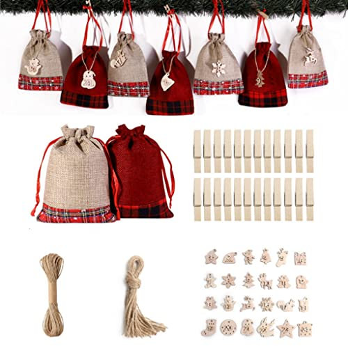 24pcs Christmas Advent Calendar Fillable Bags with 1-24 Numbered Advent Charms Wooden Tags Tree Hanging Hessian Sacks Small Gift Bags Red & Brown Jute