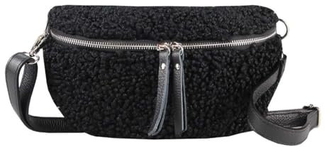 OBC Made in Italy Damen Teddyfell Tasche Plüsch Bauchtasche Hüfttasche Schultertasche Bodybag Umhängetasche Crossbody Teddyplüsch Handytasche Crossbag Gürteltasche Wintertasche Lammfell-Optik Schwarz