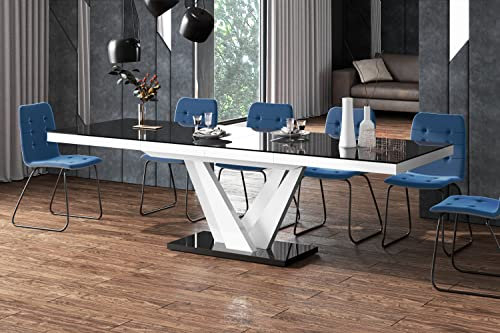 Design Esstisch Tisch HEV-111 ausziehbar 160 bis 256 cm, Farbe:Schwarz Hochglanz - Weiß Hochglanz