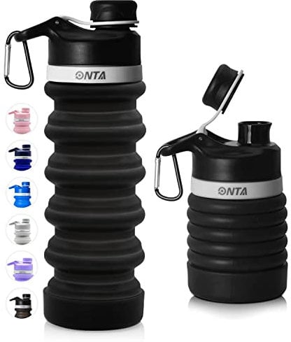 ONTA Collapsible Water Bottle- BPA Free Silicone Foldable Water Bottle for Travel, FDA Approved Food-Grade Silicone Portable Leak-Proof Travel Water Bottle, 20oz Black