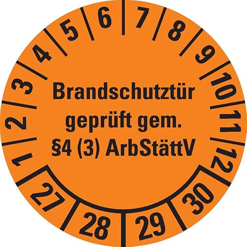 Dreifke® Prüfplakette Brandschutztür 27-30, orange, Dokumentenfolie, Ø 30mm, 18 St/Bogen