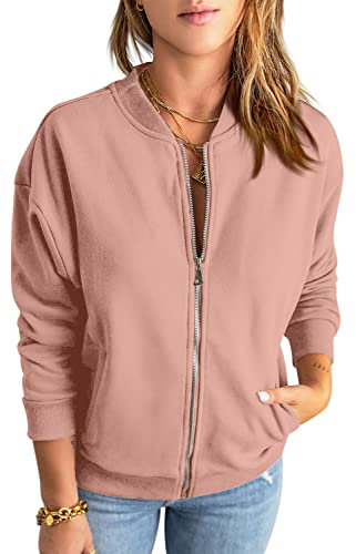 GeGekoko Zip Sweatshirt Damen übergroße Jacket Sweatshirt Einfarbige Loose Langarm Tops Oberteile mit Tasche M,Rosa