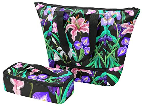 Große Tragetasche & Lunchbox Blumen Iris Lily Handtaschen + Isoliertaschen für Reisen, Arbeit, Schule, mehrfarbig, One Size