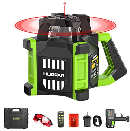 Red Rotary Laser Level Self-Leveling Kit, Huepar Electronic Rotary Lazer 360 Horizontal Lazer Interior/Exterior Rotating Lazer Level Tool with Receiver, Protective Glasses, Li-ion Battery, Hard Case