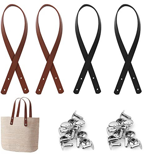 WACH AUF 4 Stück Lederriemen für Taschen PU Taschengurt Nieten 60cm Schwarz und Braun Taschenhenkel Leder Taschengriffe Abnehmbare Tasche Gürtel Ersatz Griff für Handtasche Geldbörsen Tasche Zubehör