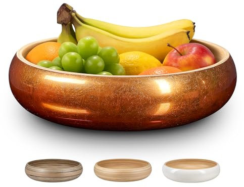 LEXA 12 Handmade Copper Bamboo Wooden Fruit Bowl for Kitchen Counter - 130 oz Lightweight Large Bamboo Wood Salad Bowl