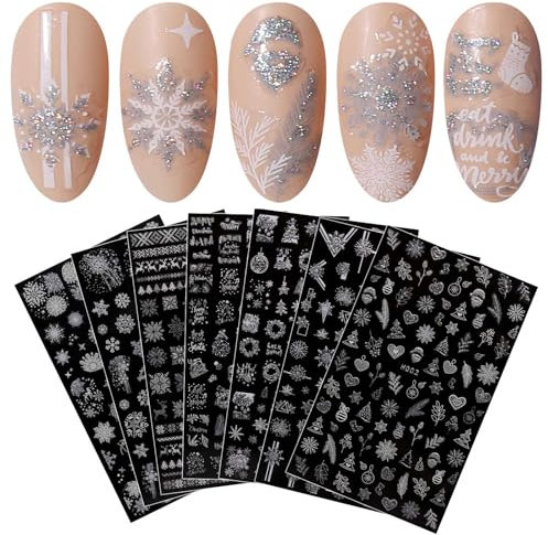 JMEOWIO Nagelsticker Weihnachten Glitzer 8 Blatt Nail Art Sticker Selbstklebend Nagelaufkleber Schneeflocken Winter Dekoration Nageldesign Zubehör