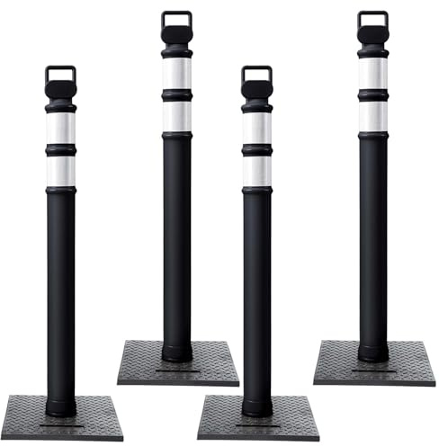 Kanayu 49 Inch 4 Packs Traffic Delineator Posts with 8.8 Lbs Rubber Base PE Delineator Post Portable Parking Pole Traffic Cone Barrier with Removable Base, Reflective Band(Black)