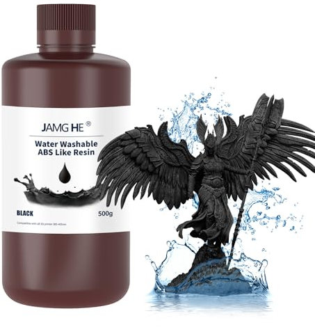 Water Washable ABS Like Resin, JAMG HE Water Washable Art Engineering Photopolymer Resin Toughness Non-Brittle & High Precision Low Odor for LCD DLP SLA 405nm Resin (500g, Black)
